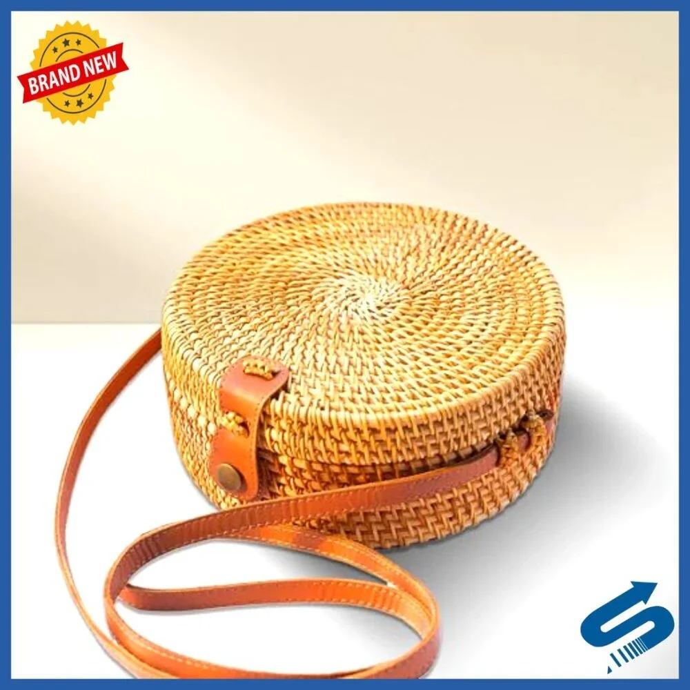 Round Rattan Crossbody Bag Handwoven Wicker Purse Summer Boho Chic